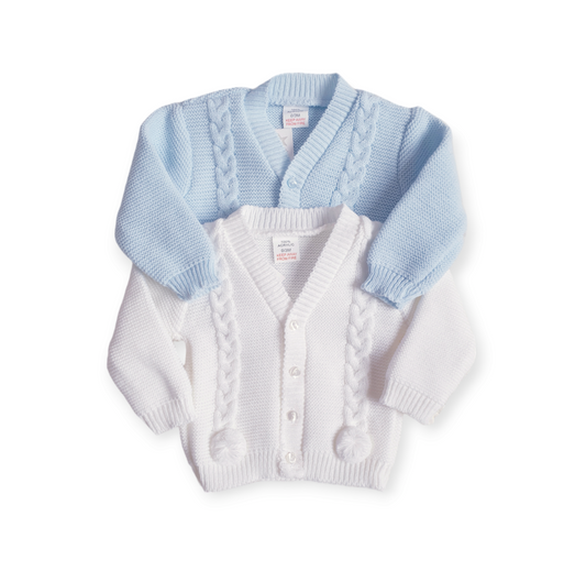 Baby Boys White/Blue Pom Pom Cardigan