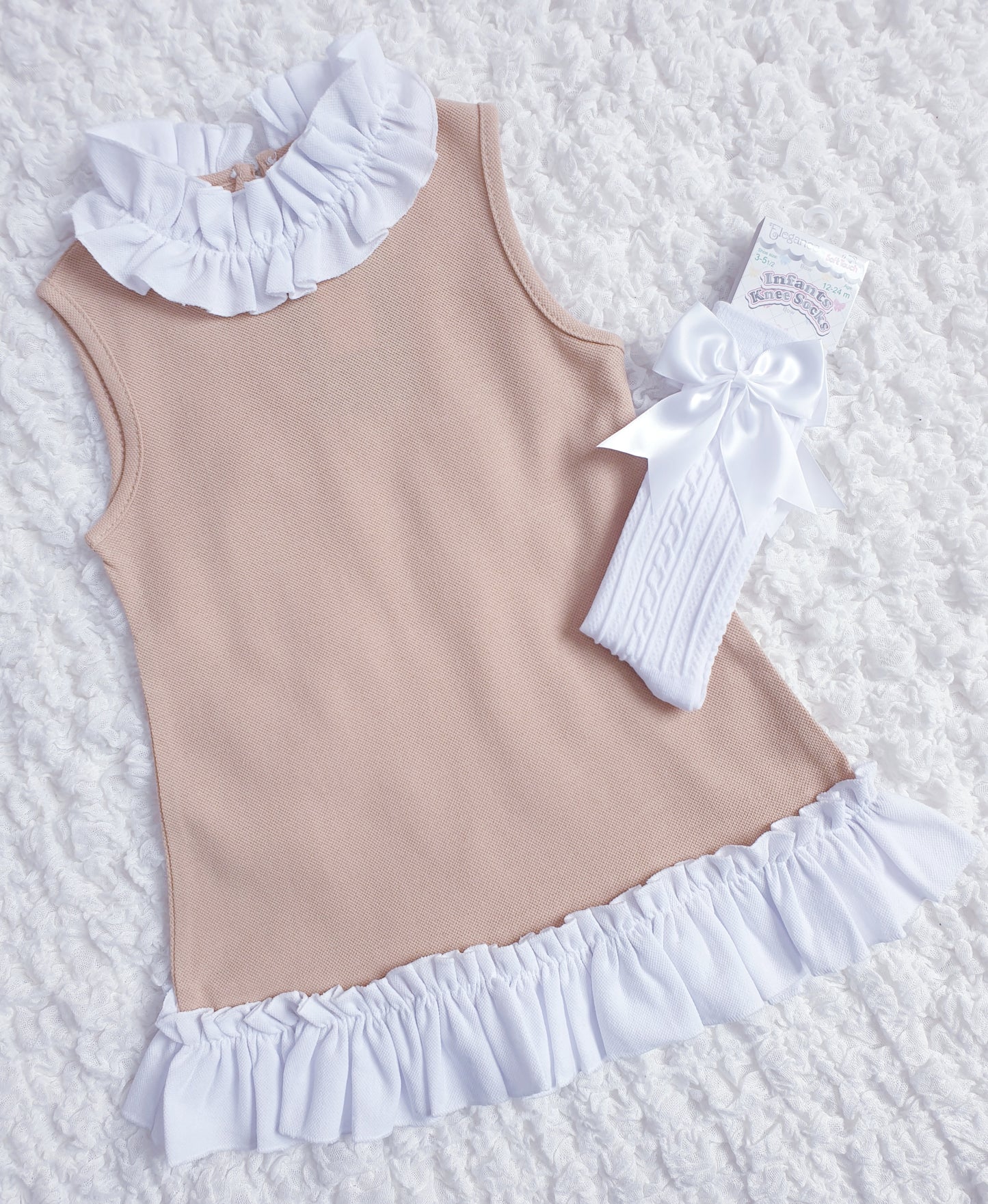 Girls Beige White Ruffle Dress