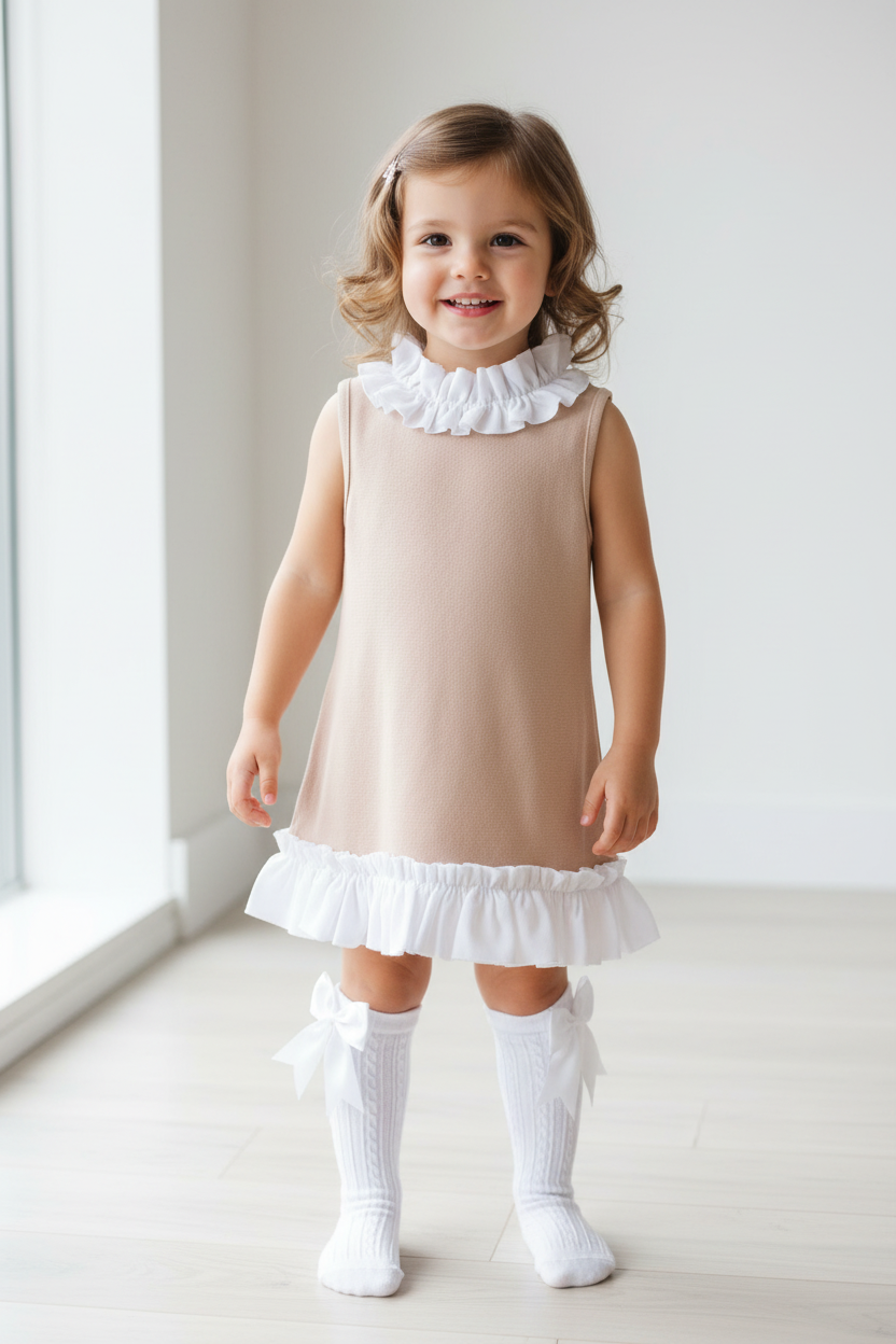 Girls Beige White Ruffle Dress