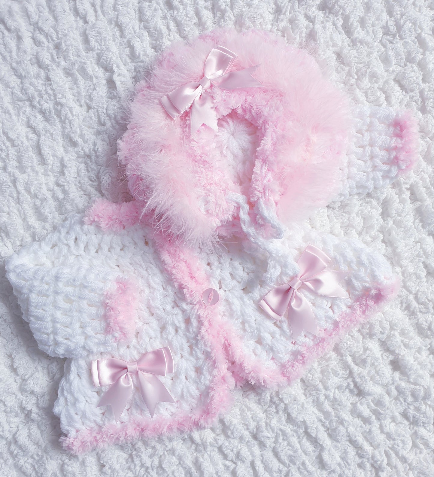 Baby Girls White/Pink Hand Knitted Cardigan & Hat