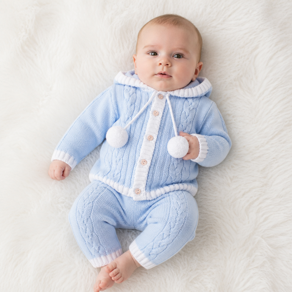 Baby Boys Blue Cable Knitted Jacket & Trouser Set