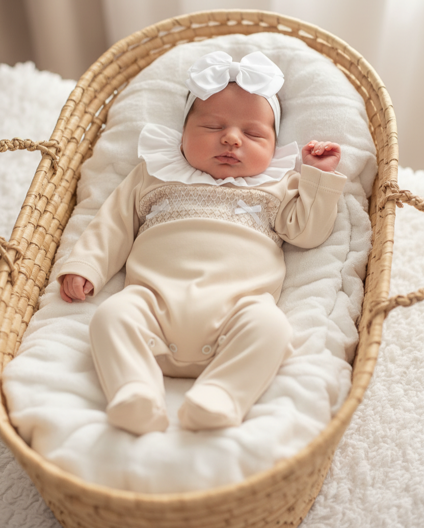 Baby Girls White Beige Spanish Smocked Babygrow