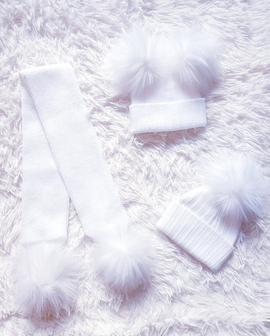 White Pom Pom Hats & Scarf (sold separately)