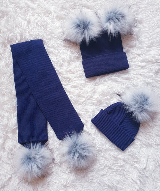 Navy Faux Fur Pom Pom Hat & Scarfs (sold separately)