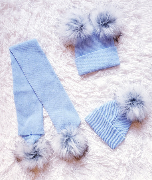 Blue Faux Fur Pom Pom Hat & Scarfs (sold separately)