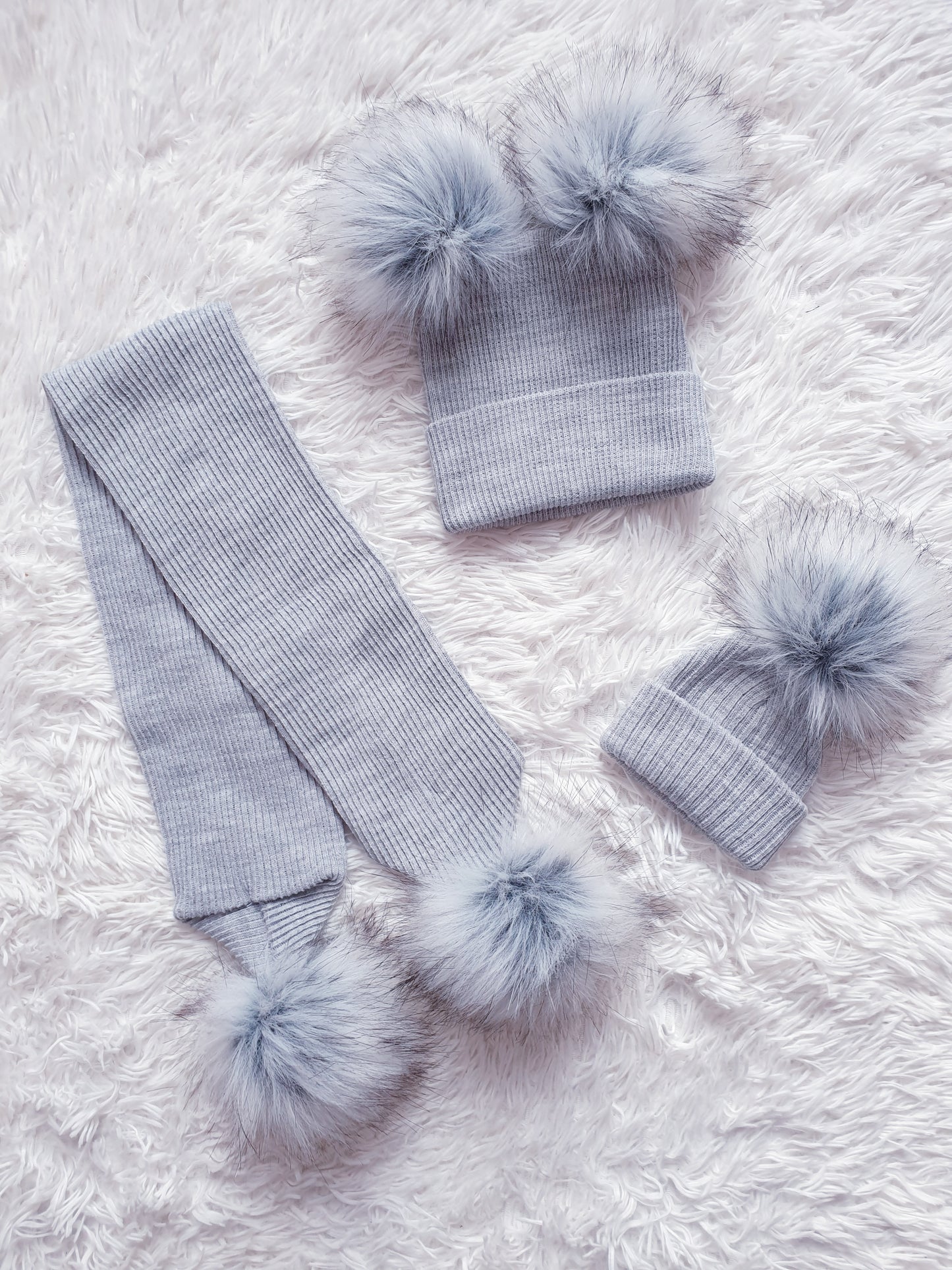 Grey Faux Fur Pom Pom Hat & Scarfs (sold separately)