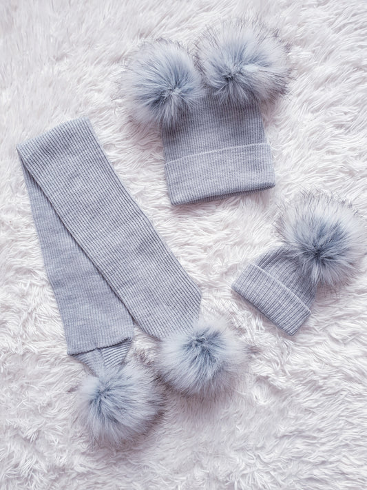 Grey Faux Fur Pom Pom Hat & Scarfs (sold separately)