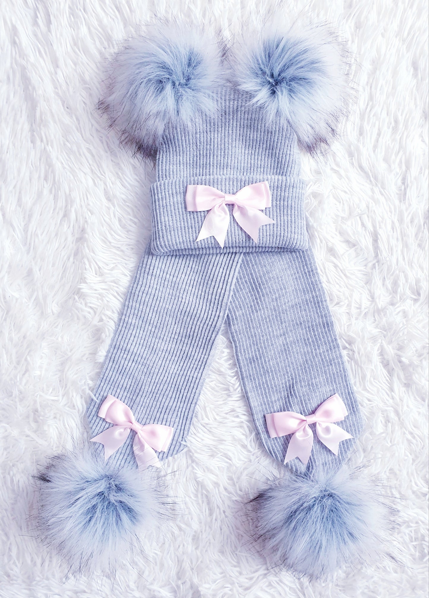 Grey Double Pom Hat & Scarf Set With Bows (3 different colour bows)