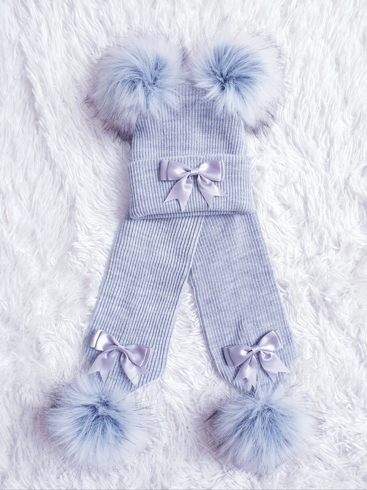 Grey Double Pom Hat & Scarf Set With Bows (3 different colour bows)