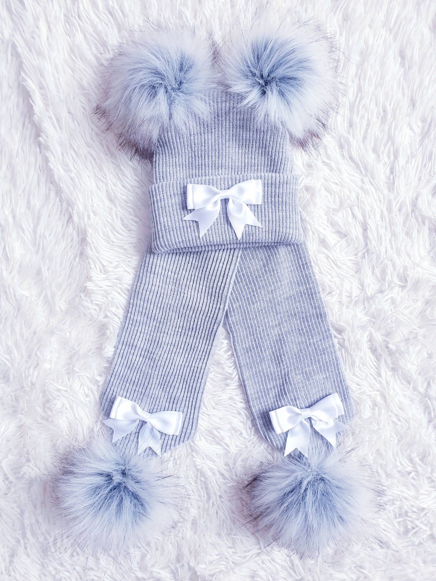 Grey Double Pom Hat & Scarf Set With Bows (3 different colour bows)