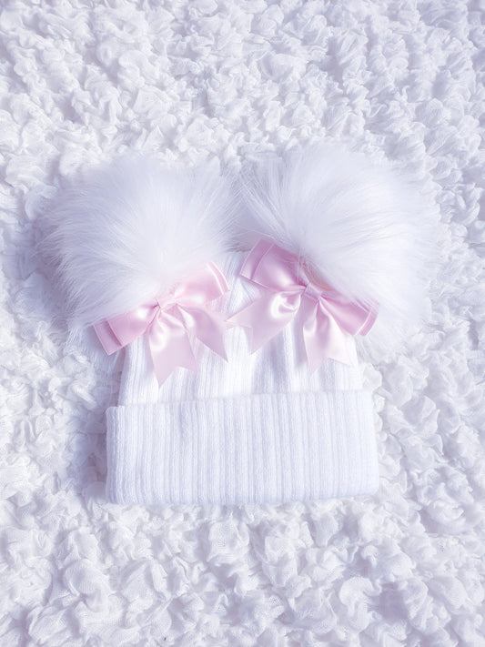 White Double Pom Pom Hat with Pink Bows