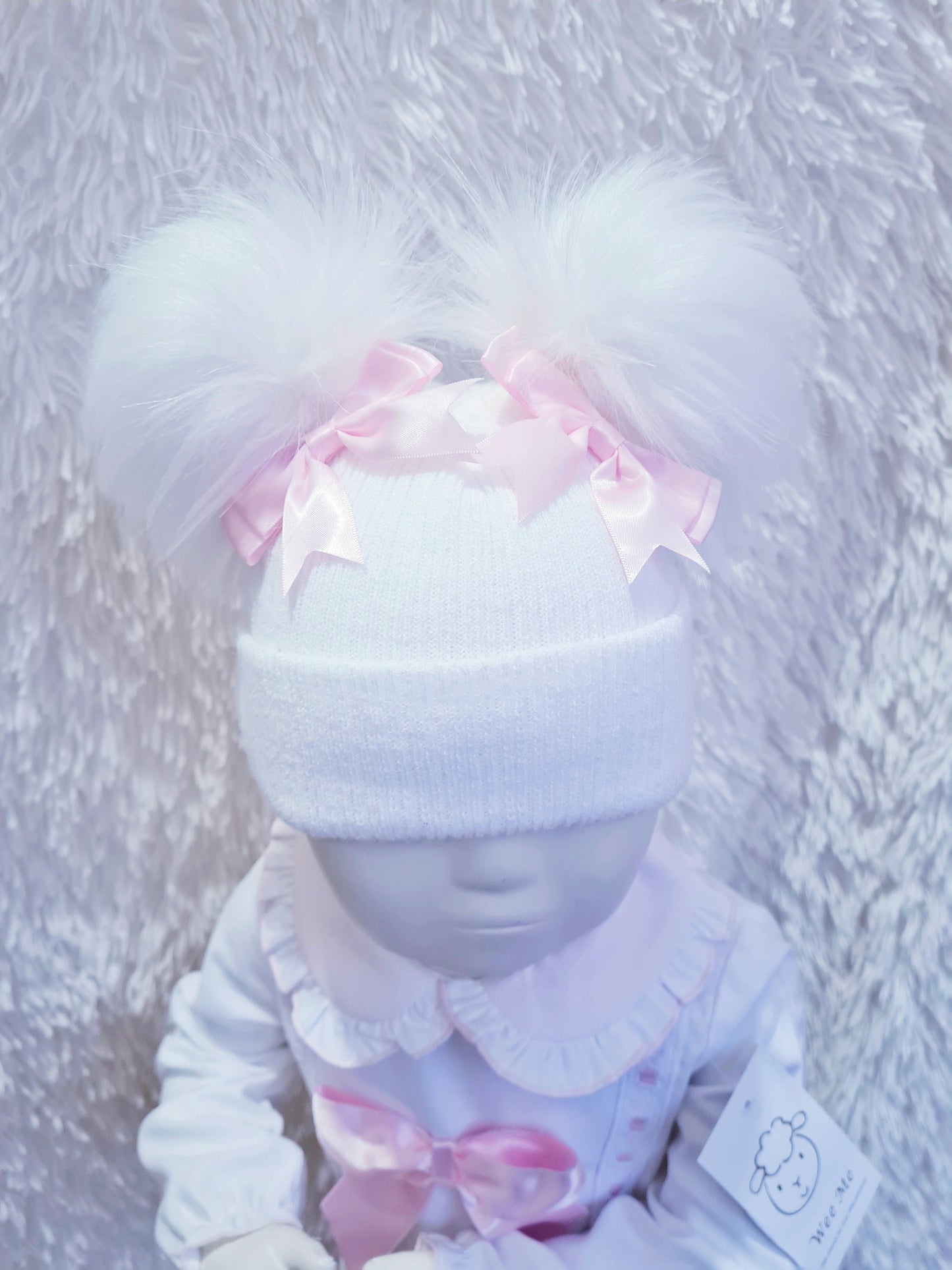 White Double Pom Pom Hat with Pink Bows