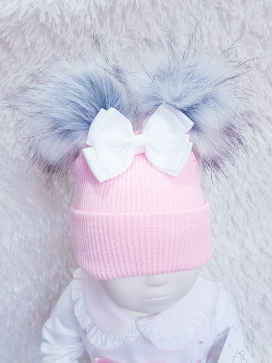 Pink White Double Pom Bow Hat