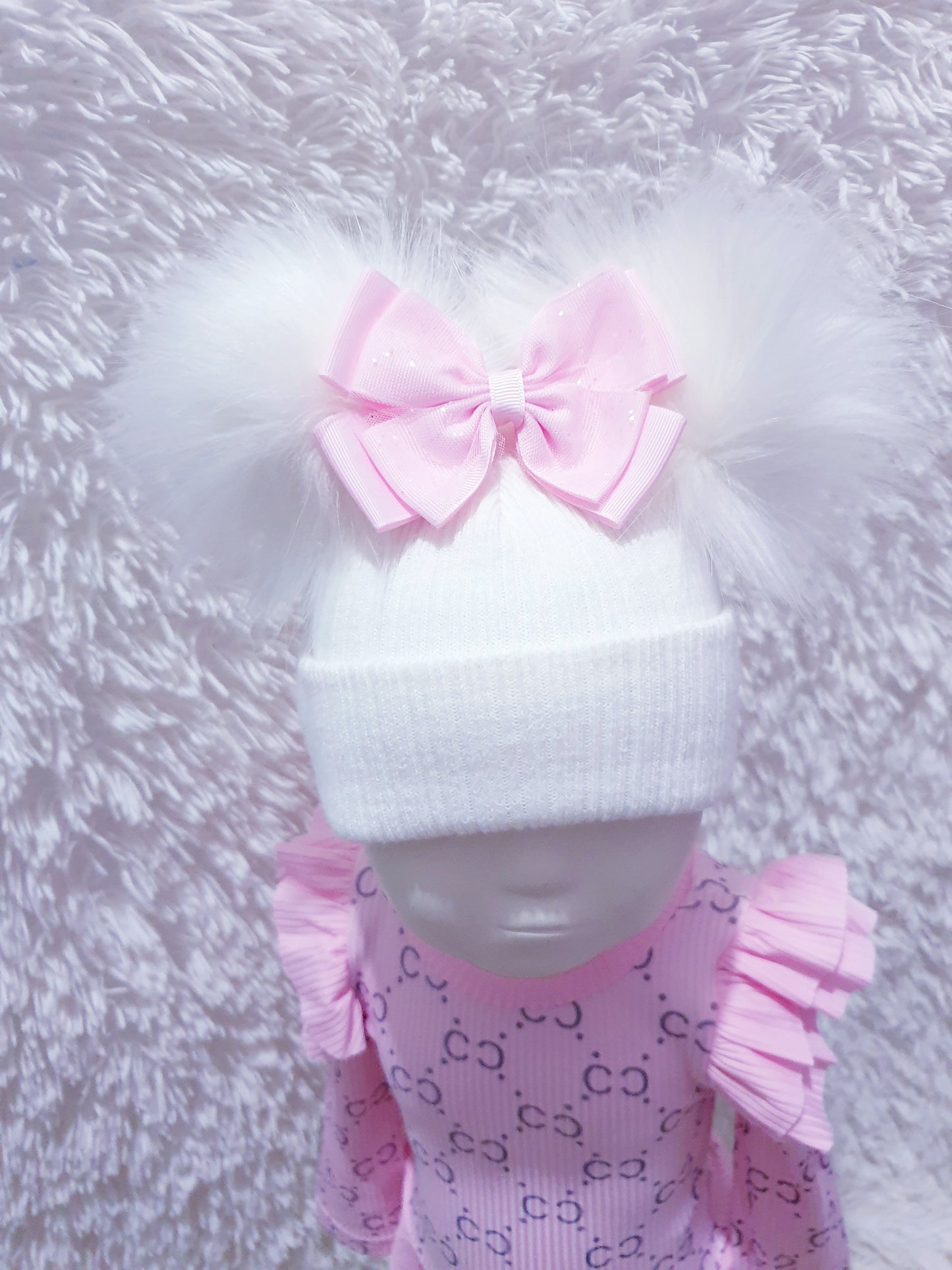 White Pink Double Pom Bow Hat