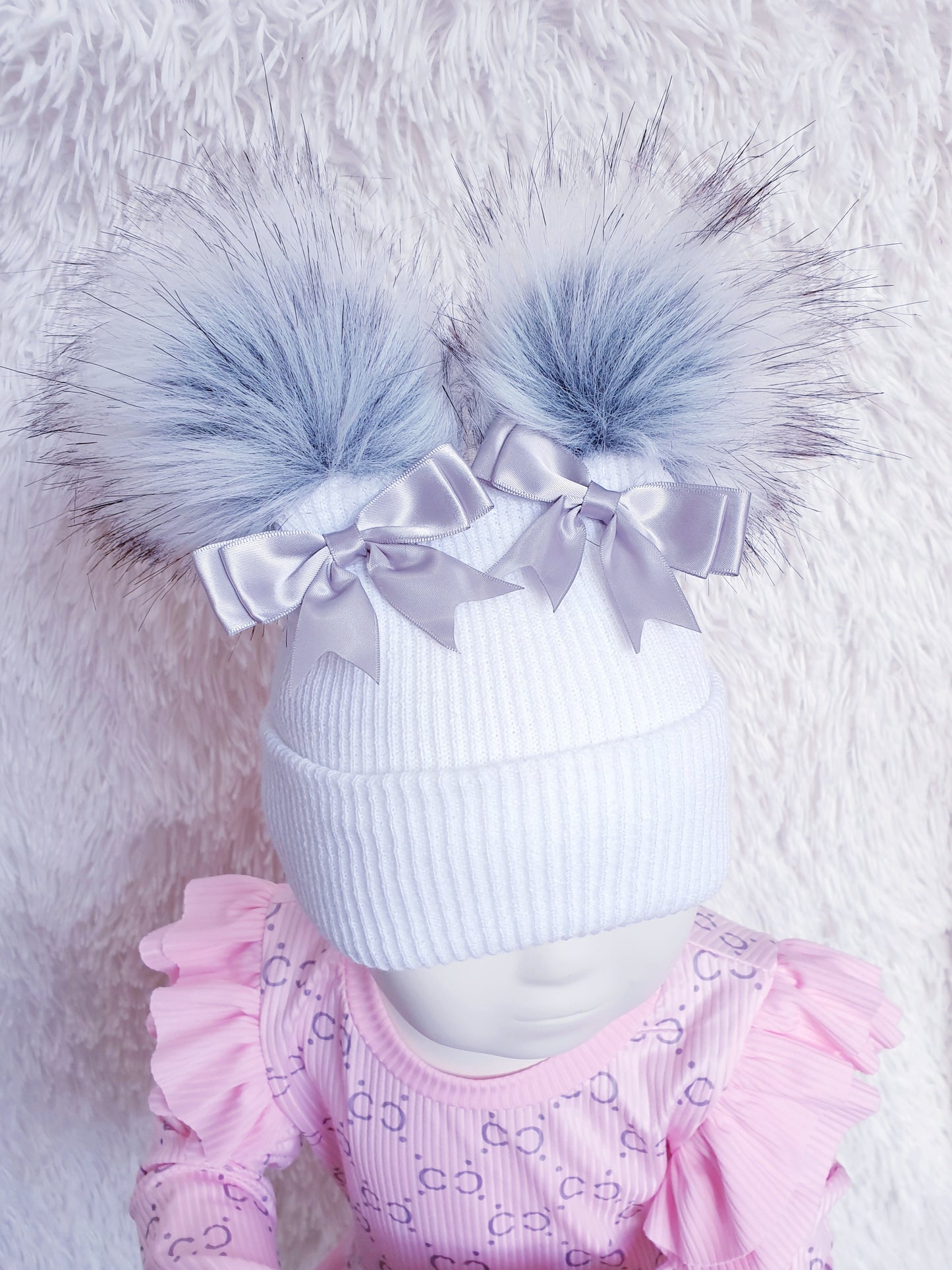 White Grey Double Pom Double Bow Hat