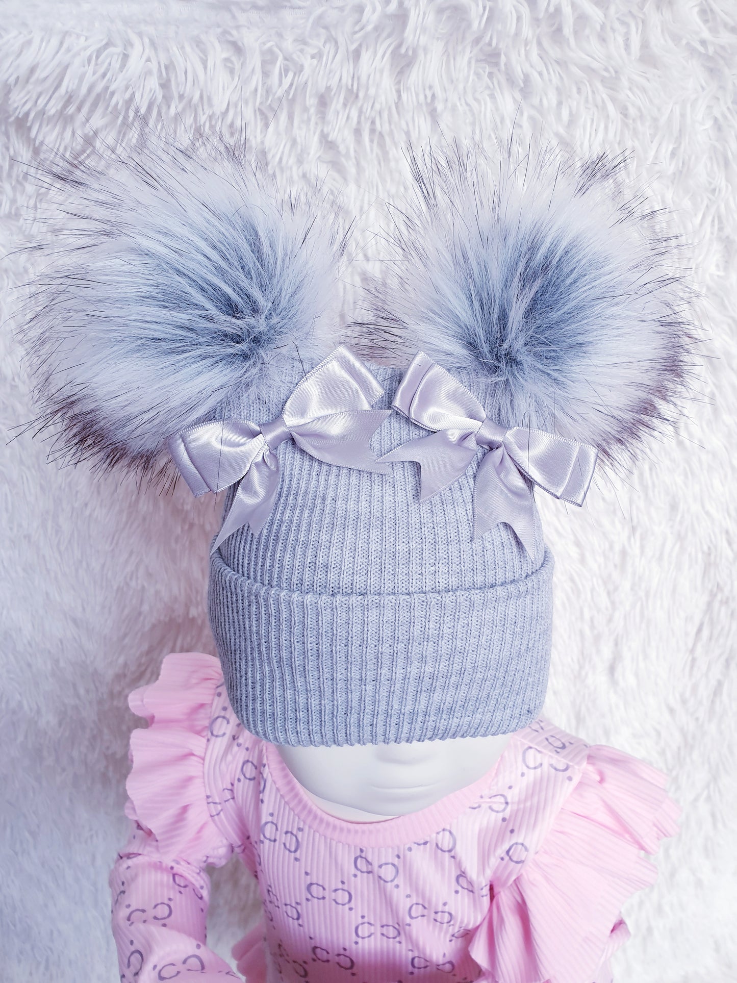 Grey Double Pom Double Bow Hat