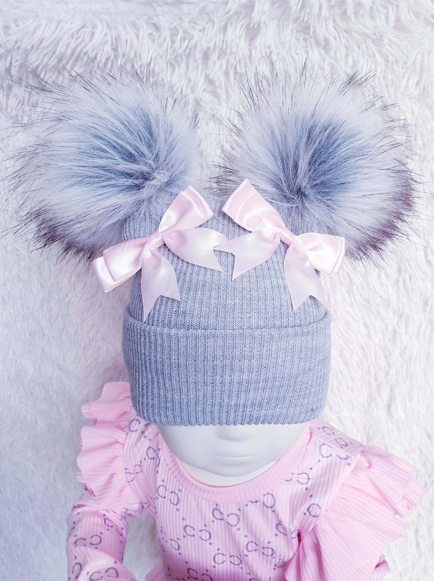 Grey Pink Double Pom Double Bow Hat