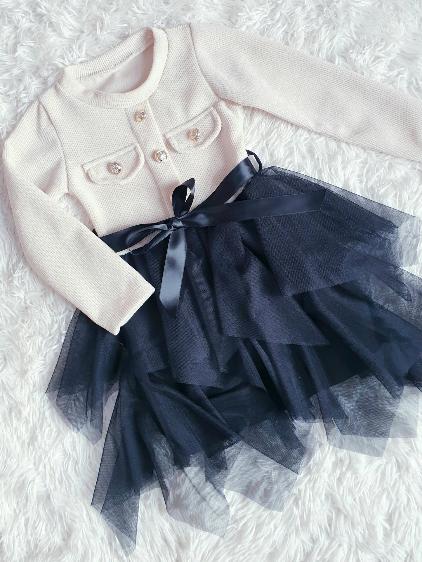 Cream & Black Layered Tulle Dress