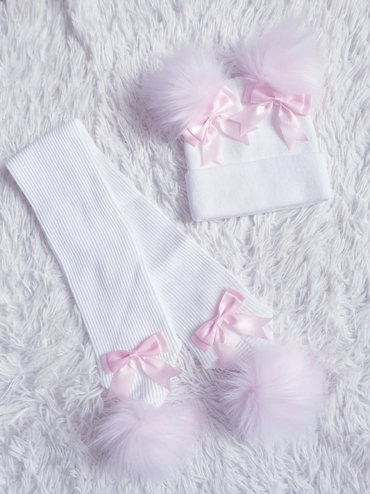 White/Pink Hat & Scarf Set with Pink Bows