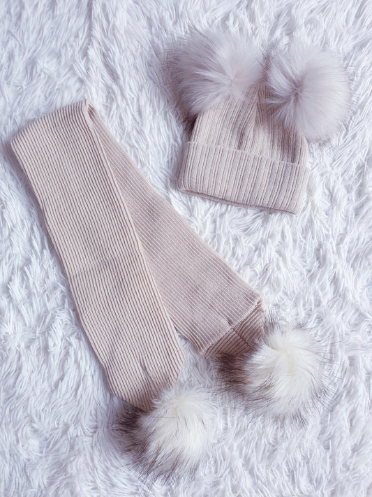 Beige/Caramel Faux Fur Double Pom Hat & Scarf (sold separately)