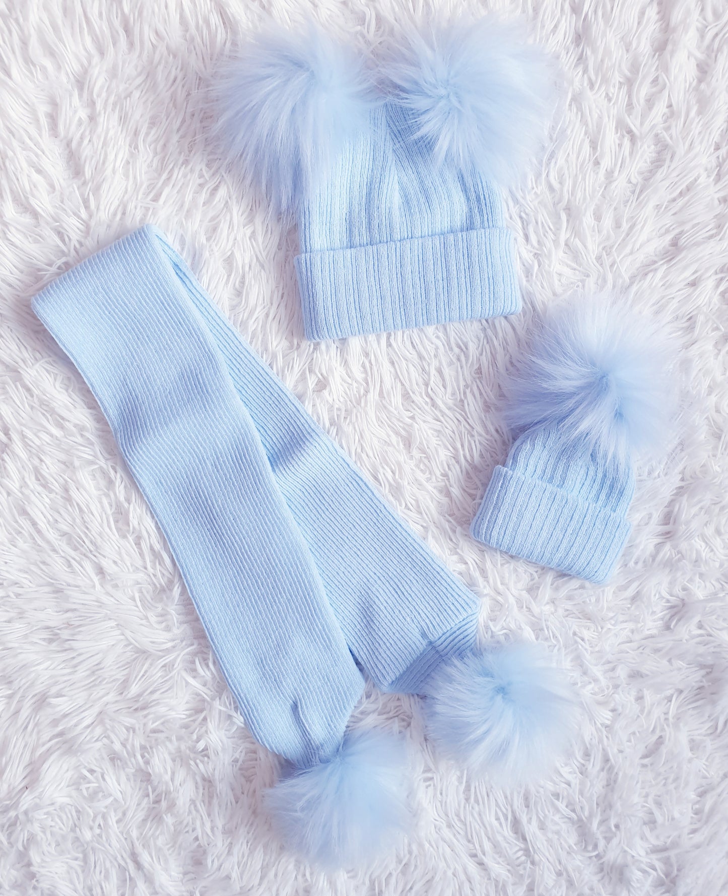 Blue Pom Pom Hats & Scarf (sold separately)