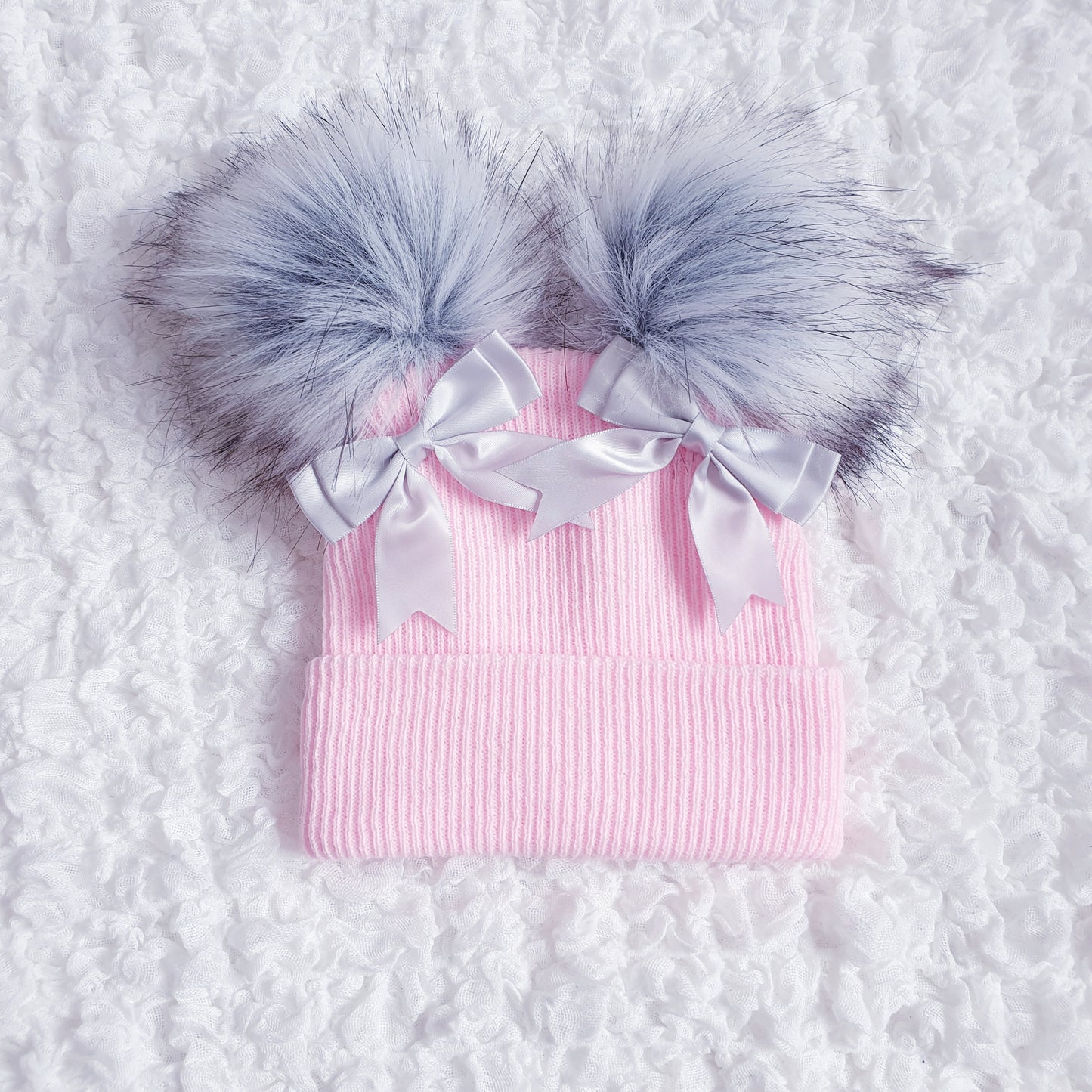 Pink Double Pom Hat with Grey/Silver Bows