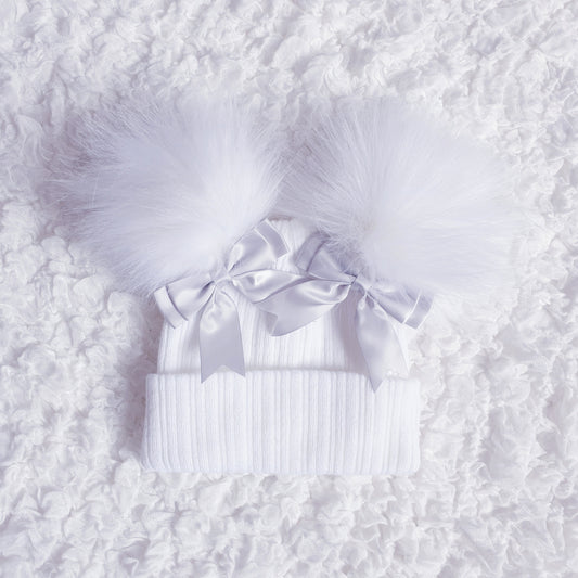 White Double Pom Hat with Grey/Silver Bows