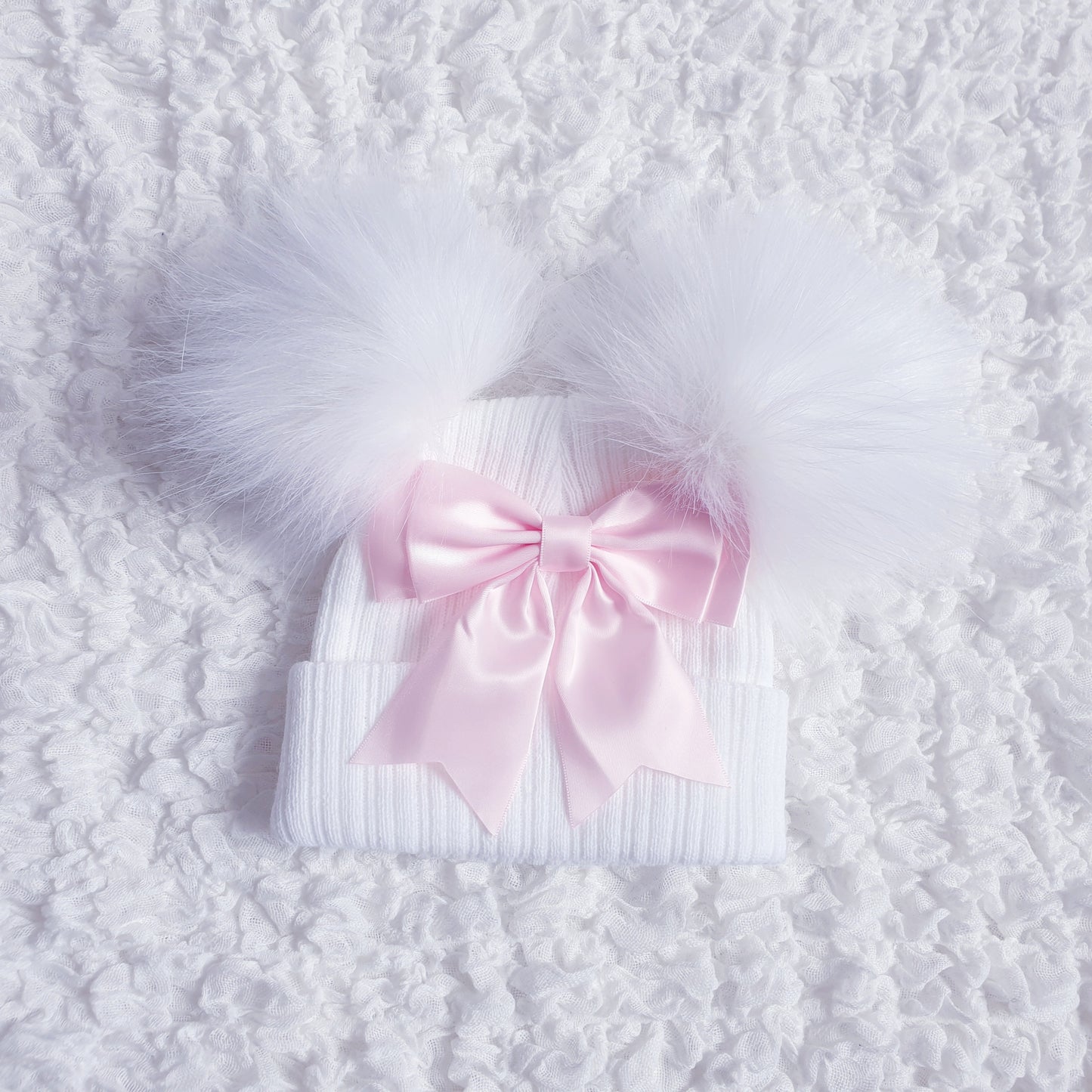 White Double Pom Hat with Large Pink Bow