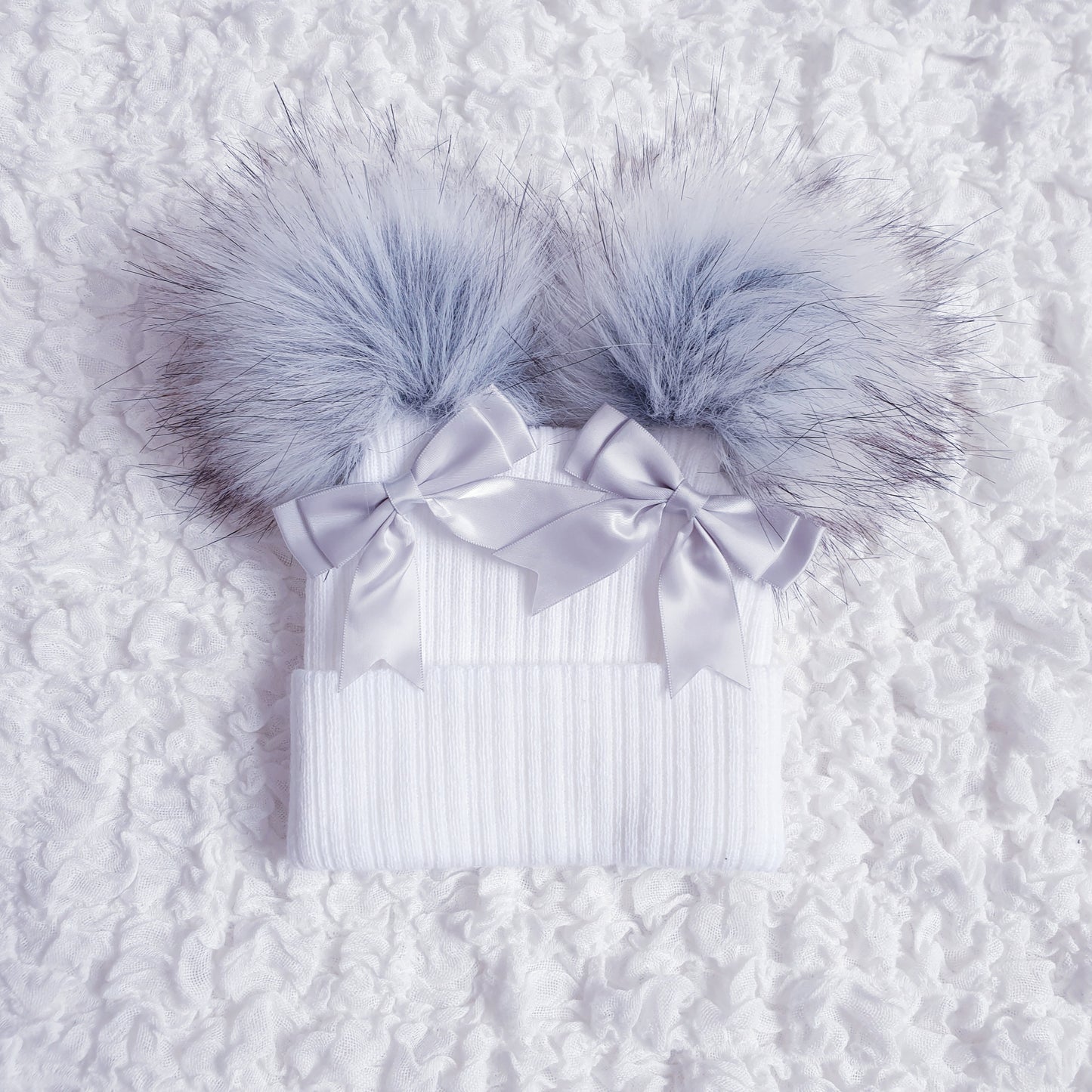 White Grey Double Pom Double Bow Hat