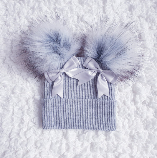 Grey Double Pom Double Bow Hat