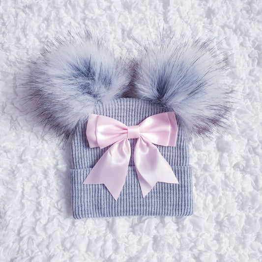 Grey Double Pom Hat with Large Pink Bow