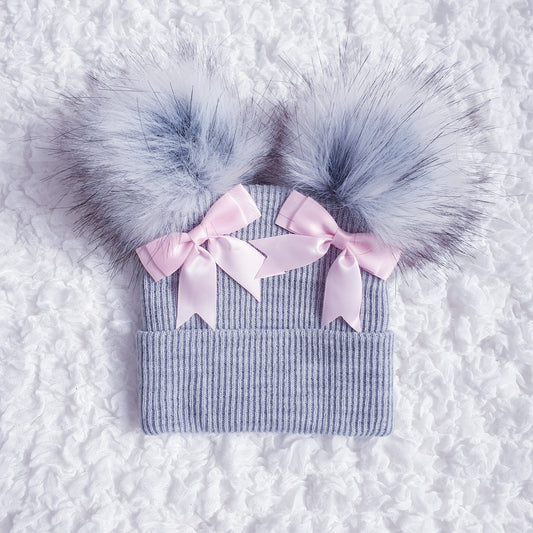 Grey Pink Double Pom Double Bow Hat