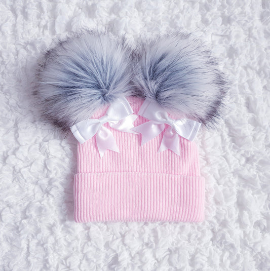 Pink Double Pom Hat with White Bows