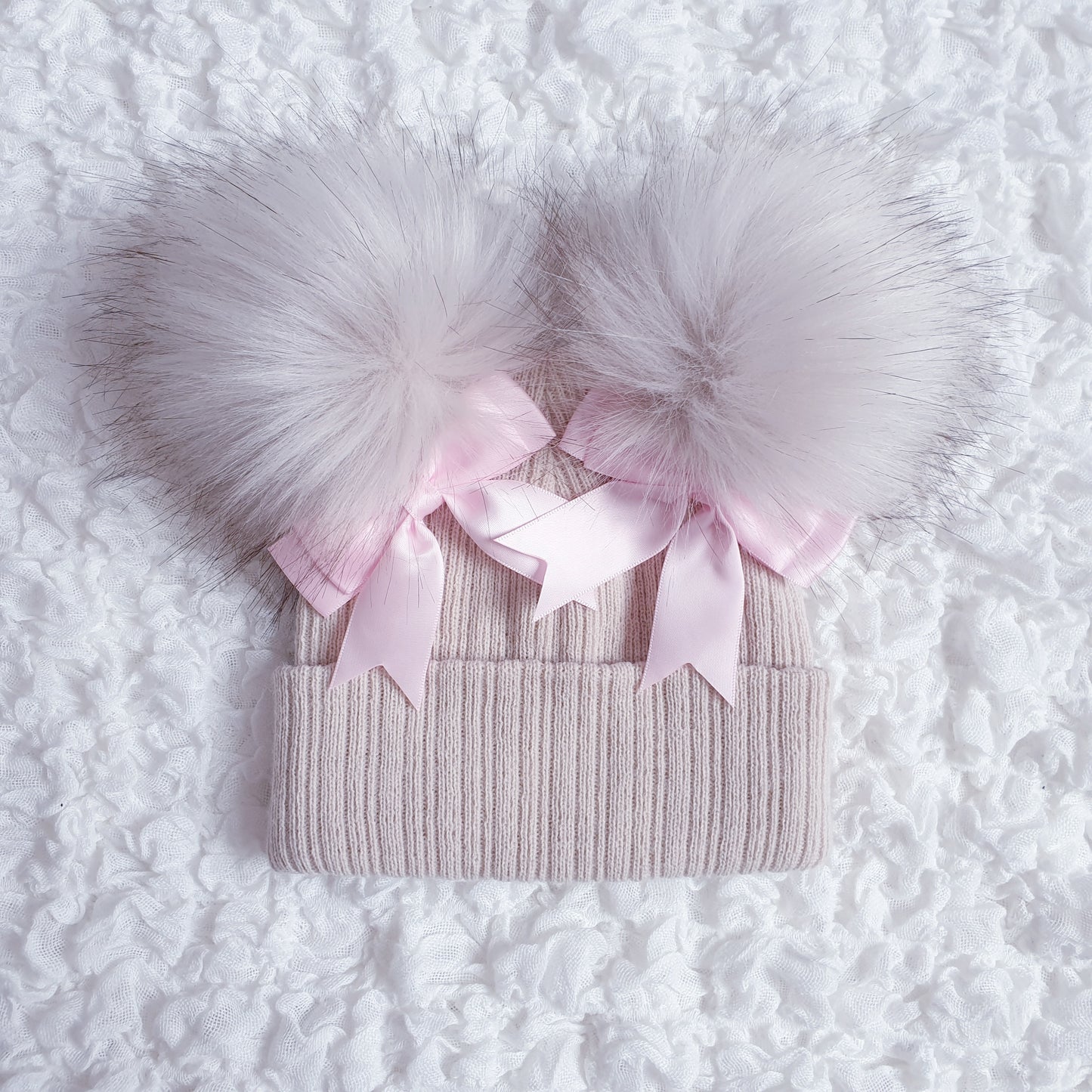 Beige Double Pom Hat with Pink Bows