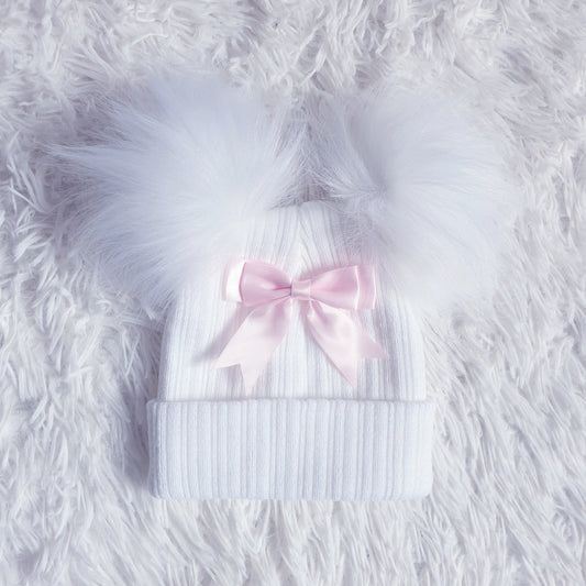 White Double Pom Pom Bow Hat