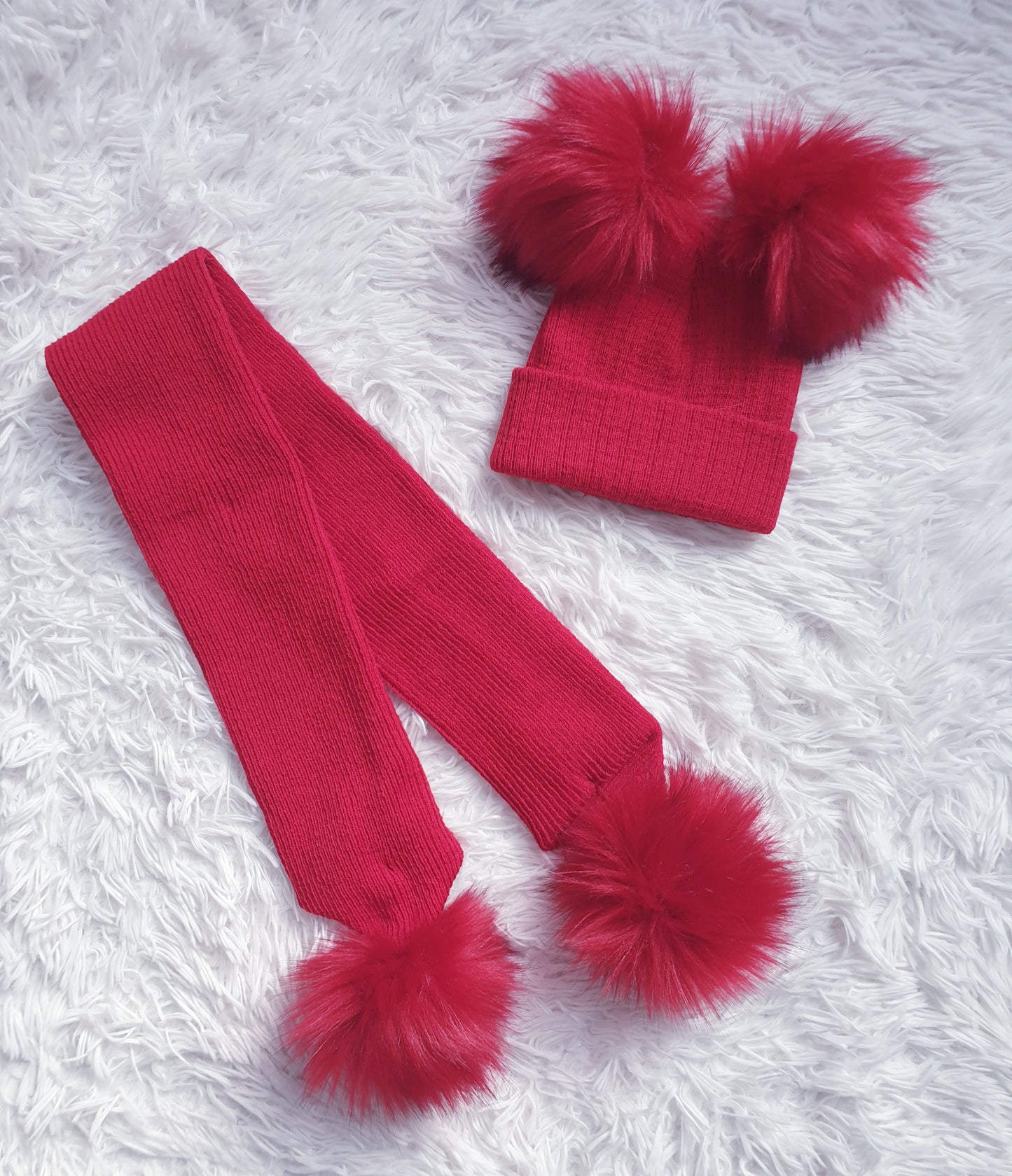 Red Faux Fur Double Pom Hat & Scarf (sold separately)