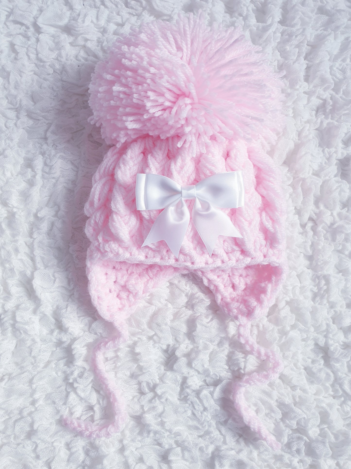 Hand Knitted Pom Pom Bow Hat 0-6M