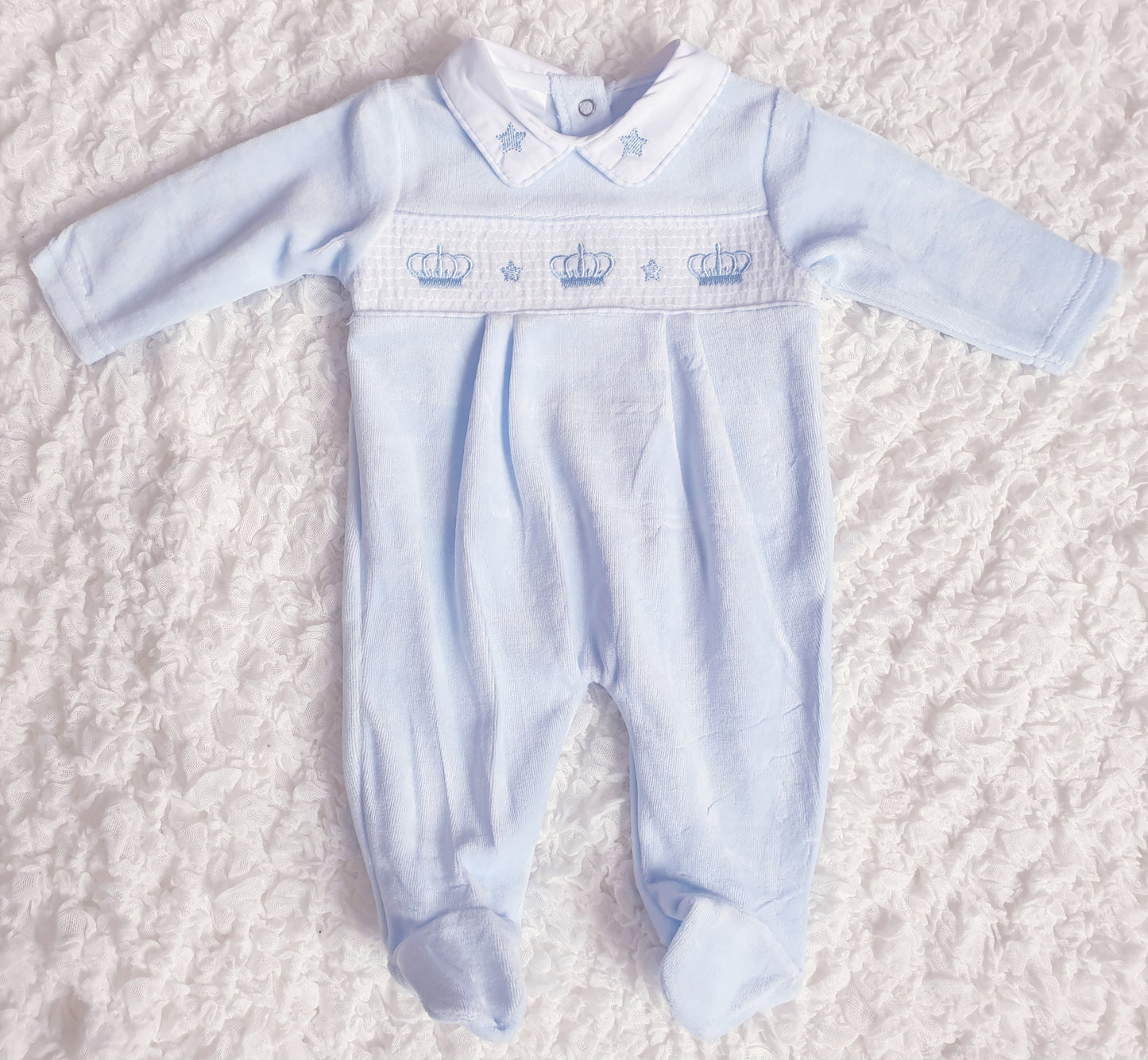 Smocked Crown Velour Babygrow