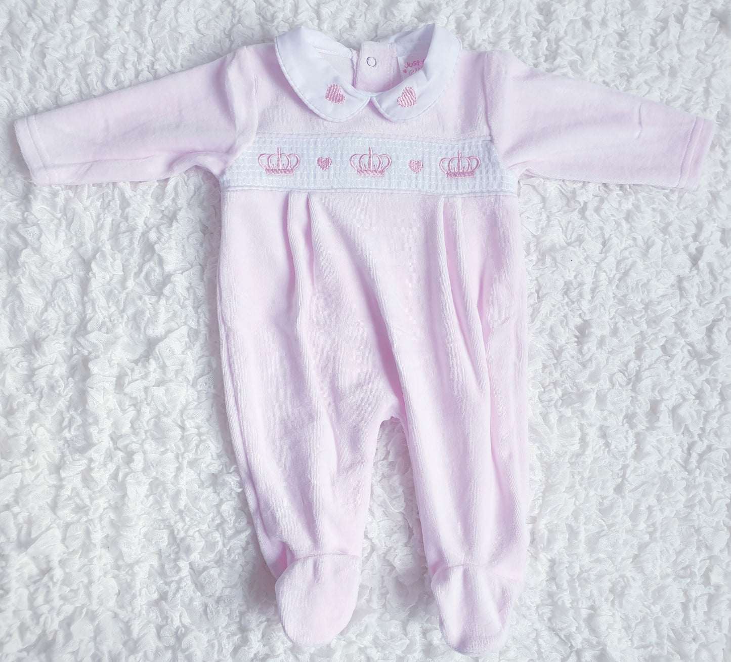 Smocked Crown Velour Babygrow