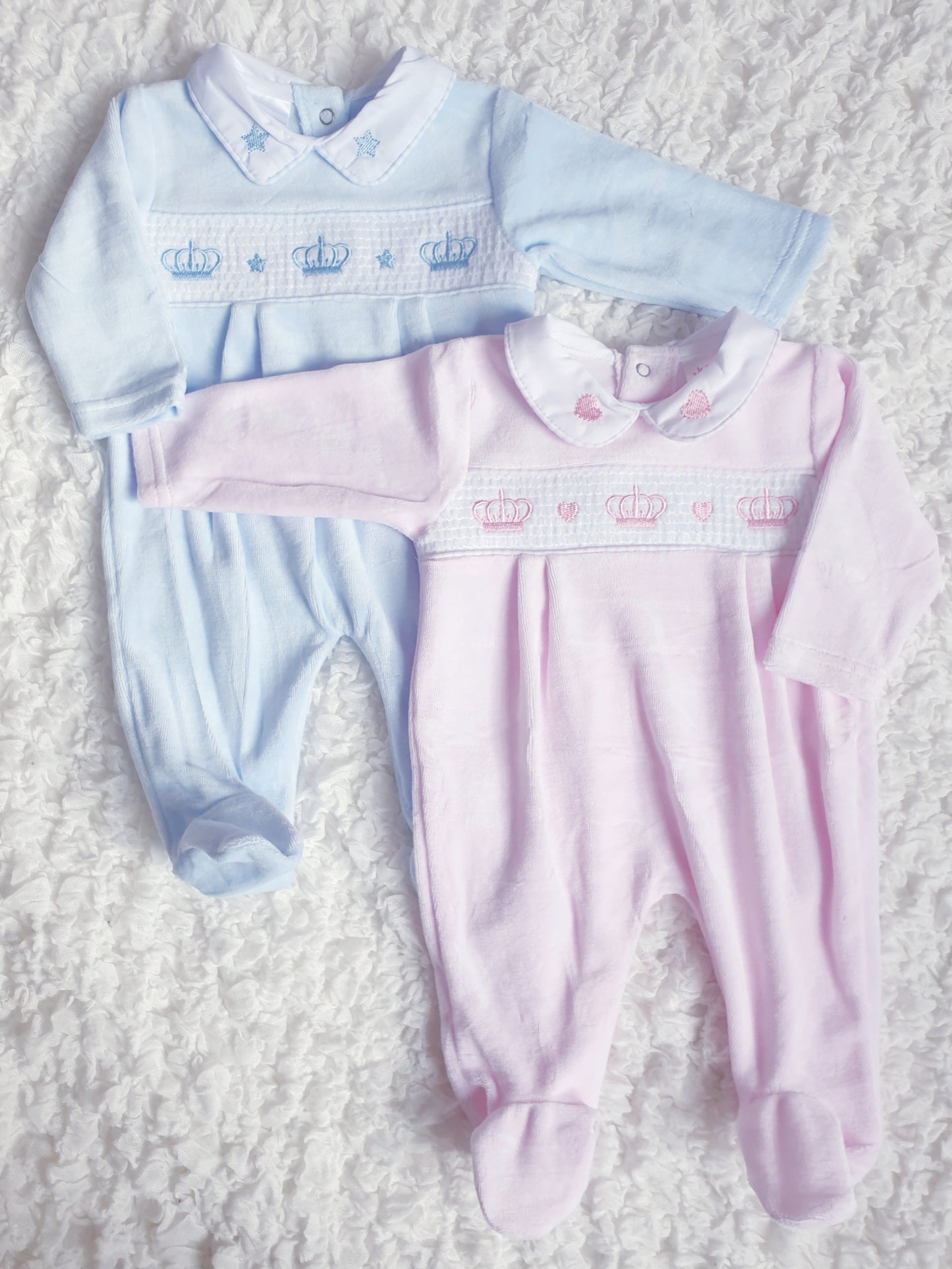 Smocked Crown Velour Babygrow