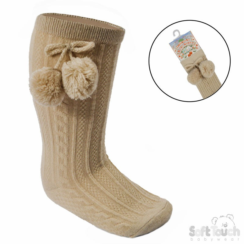 Beige Knee High Pom Pom Socks