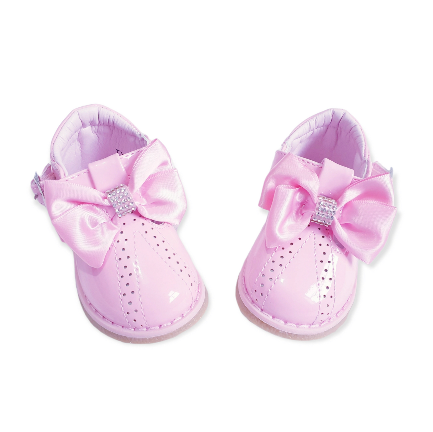 Pink T-bar Diamante Bow Shoes