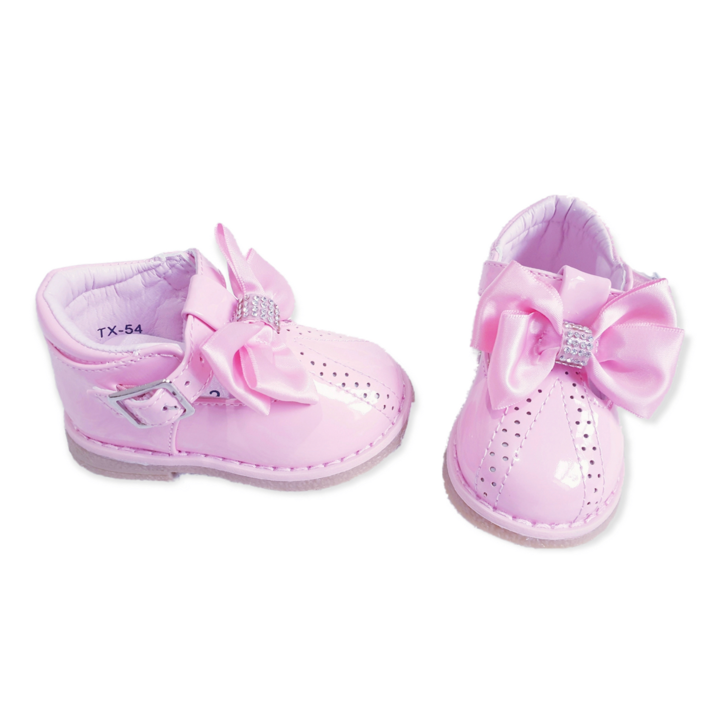 Pink T-bar Diamante Bow Shoes