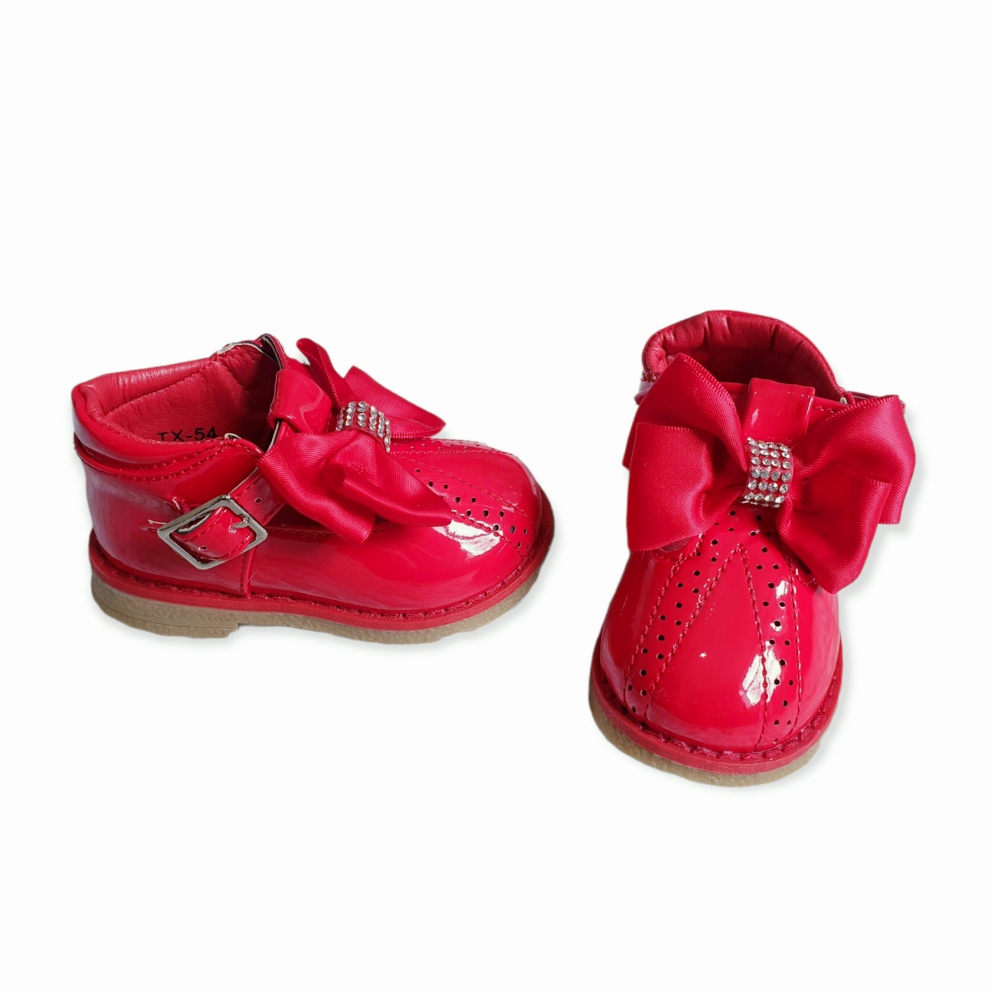 Red T-bar Diamante Bow Shoes