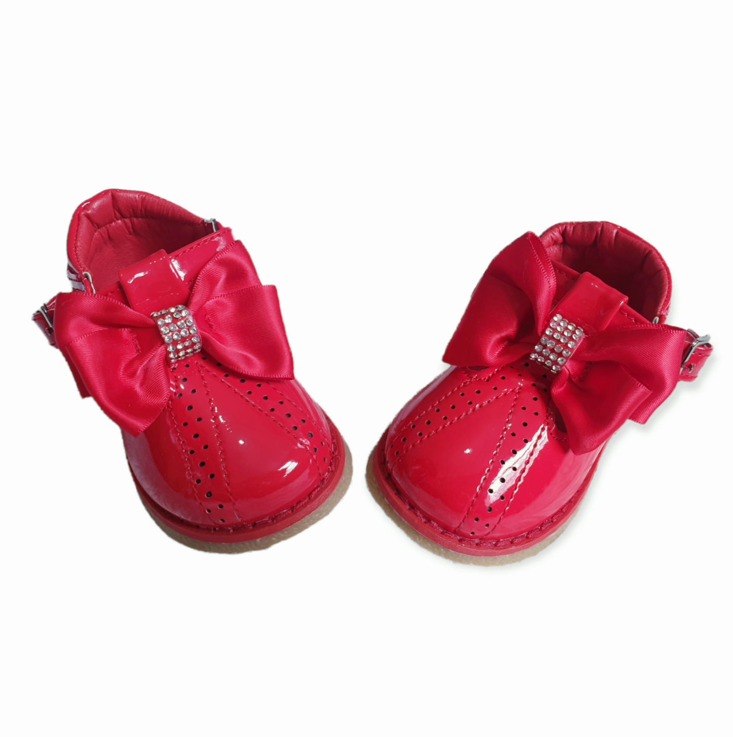 Red T-bar Diamante Bow Shoes