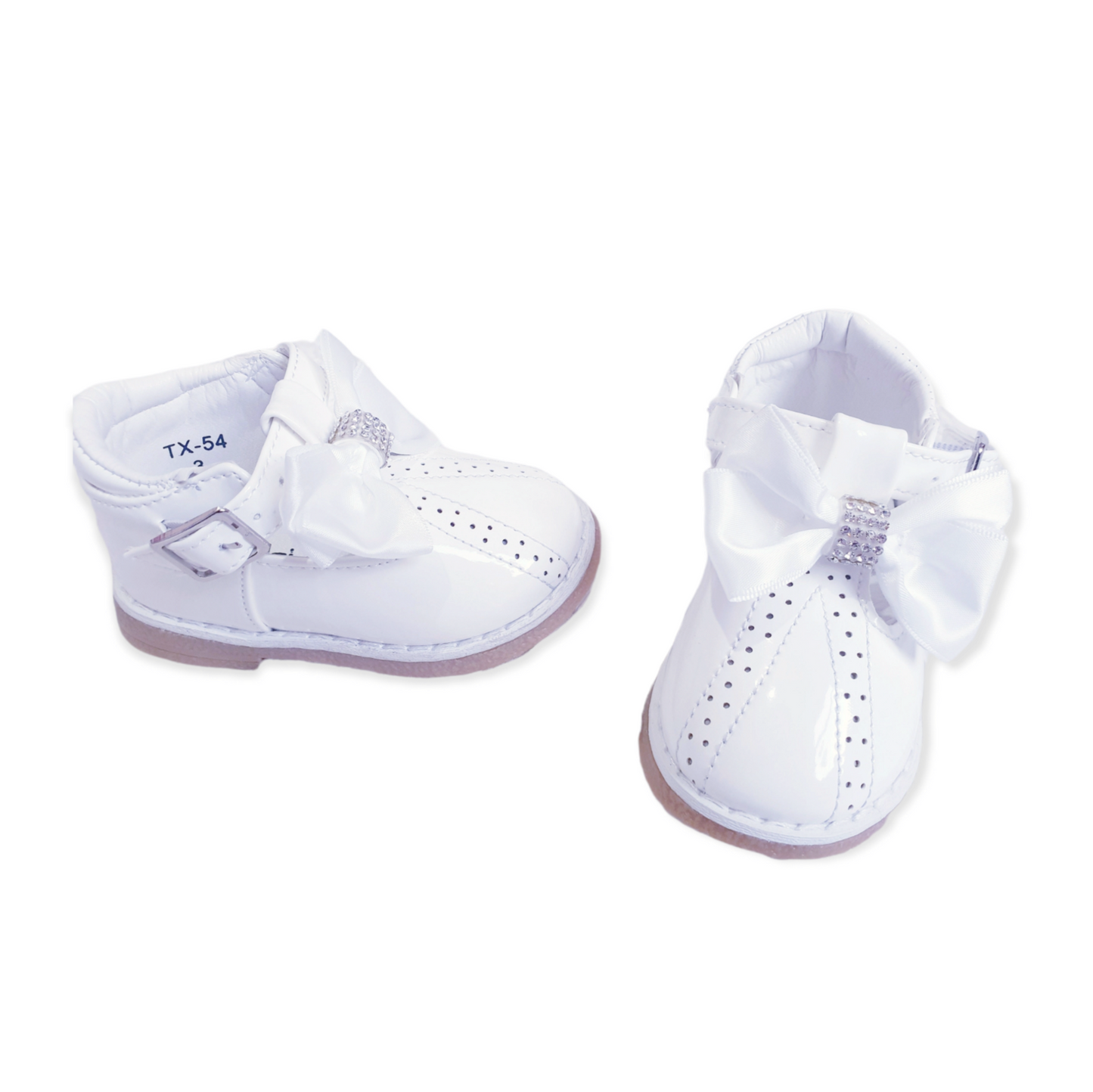 White T-bar Diamante Bow Shoes