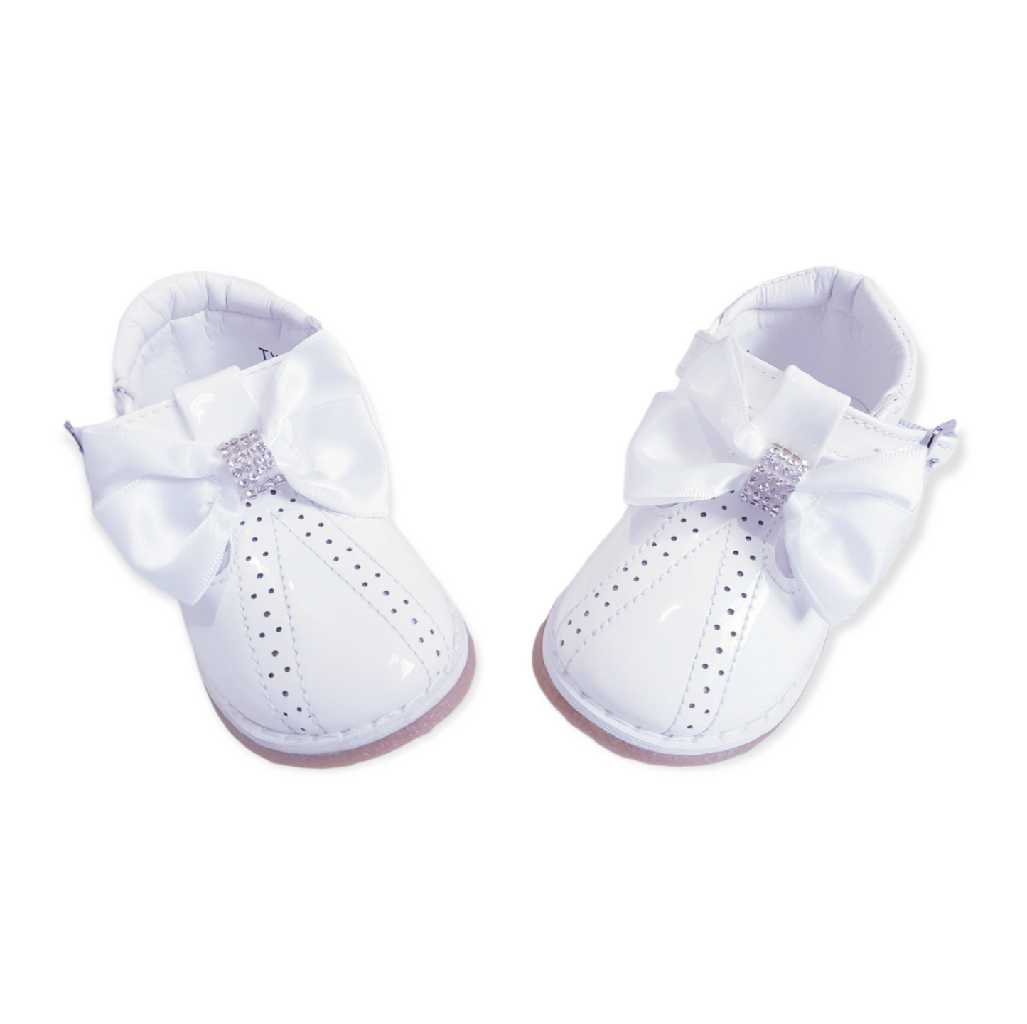 White T-bar Diamante Bow Shoes