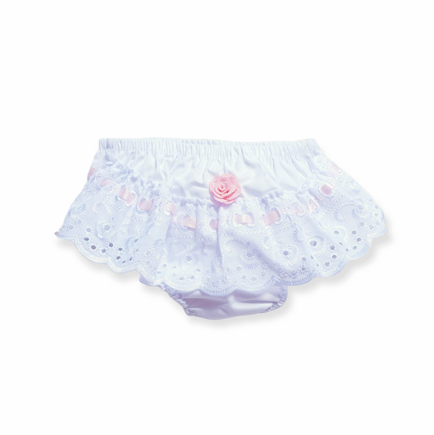 White/Pink Ribbon Slot Frilly Knickers