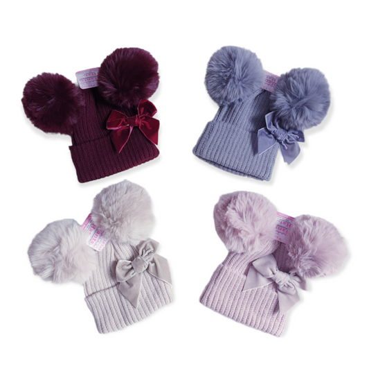 Velvet Bow Pom Pom Hat