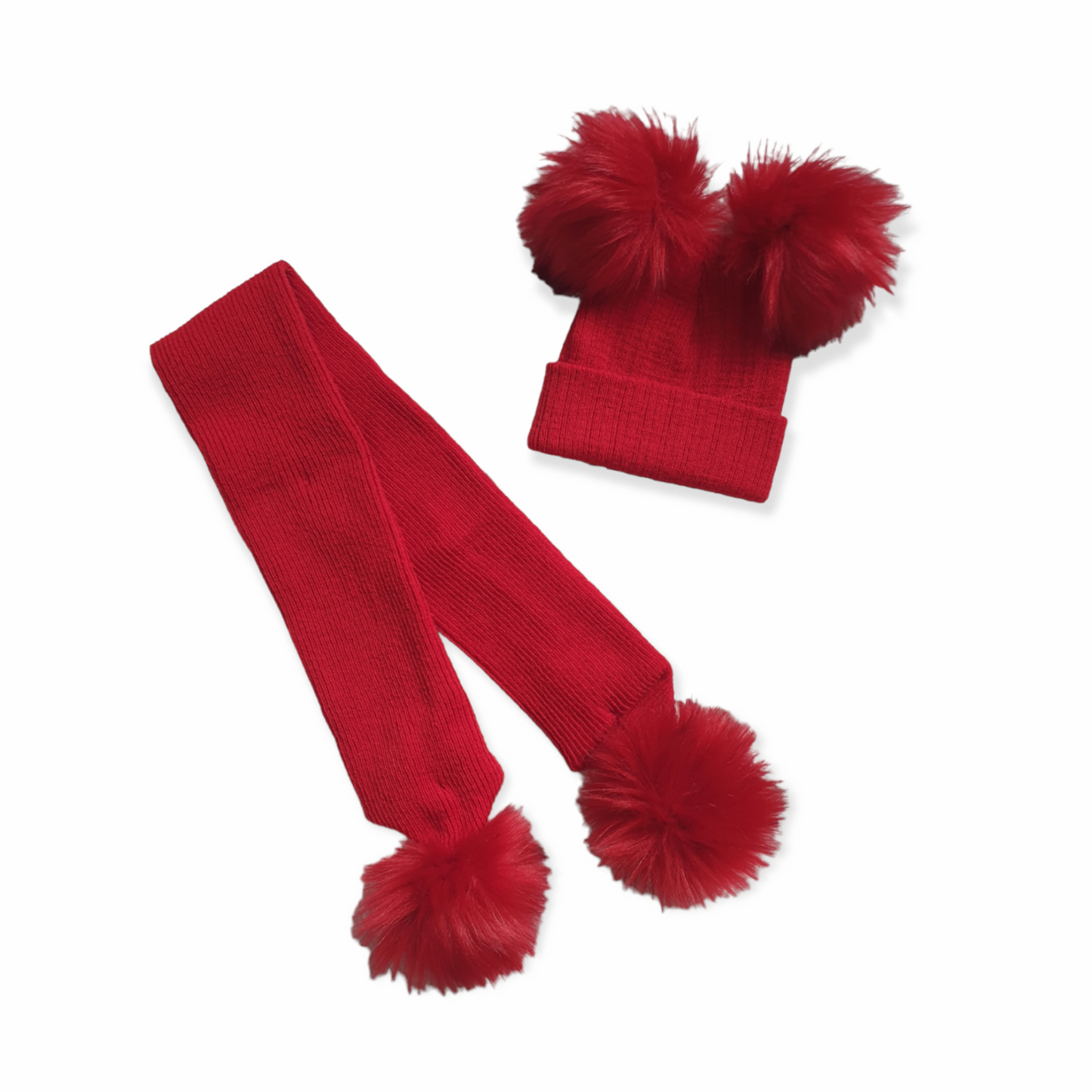 Red Faux Fur Double Pom Hat & Scarf (sold separately)